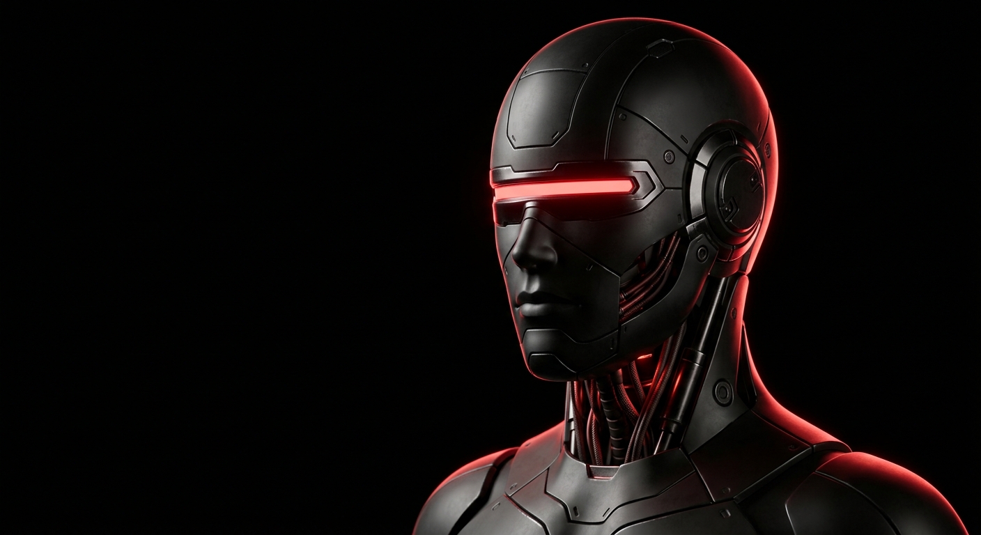 Black chrome cyborg with red visor — the AI twin