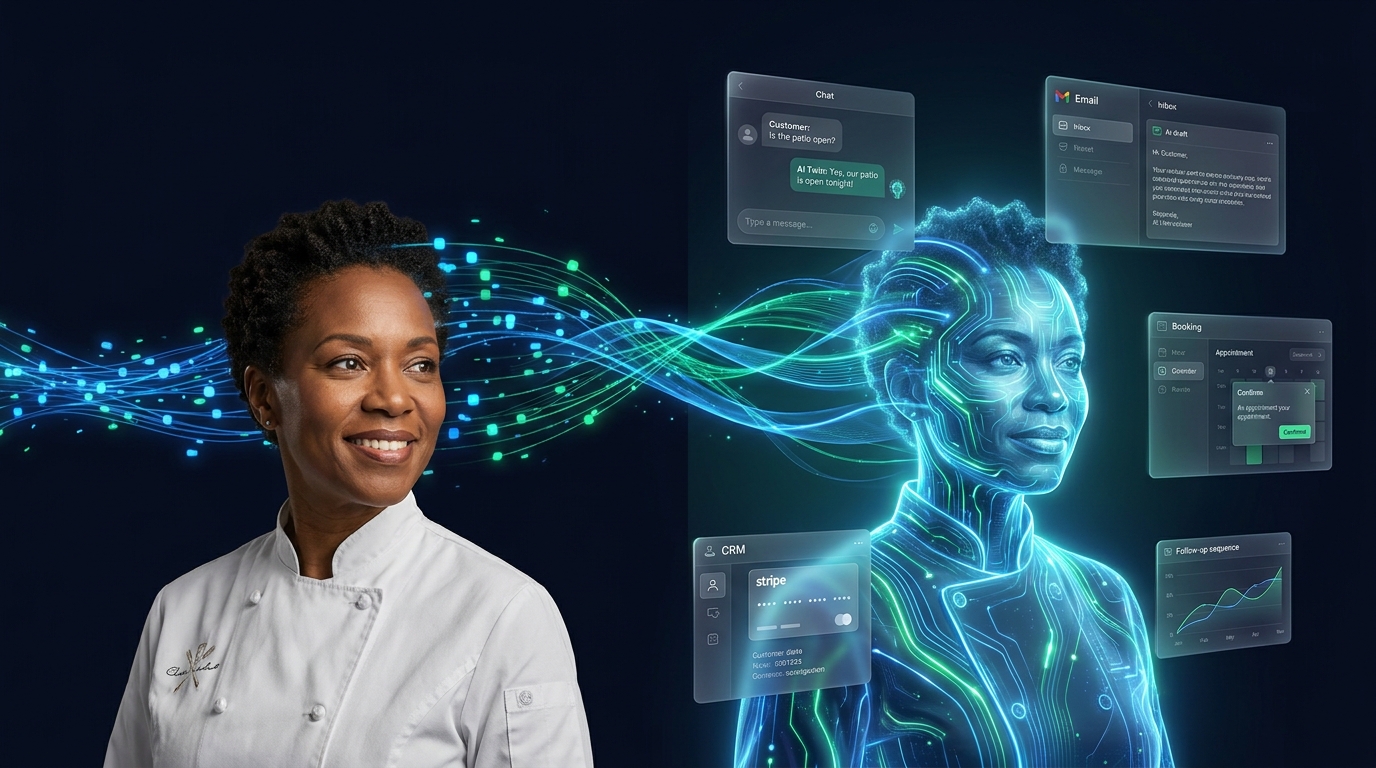 Business owner and their glowing AI twin — Restaurant owner
