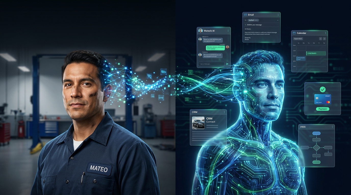 Business owner and their glowing AI twin — Auto shop owner