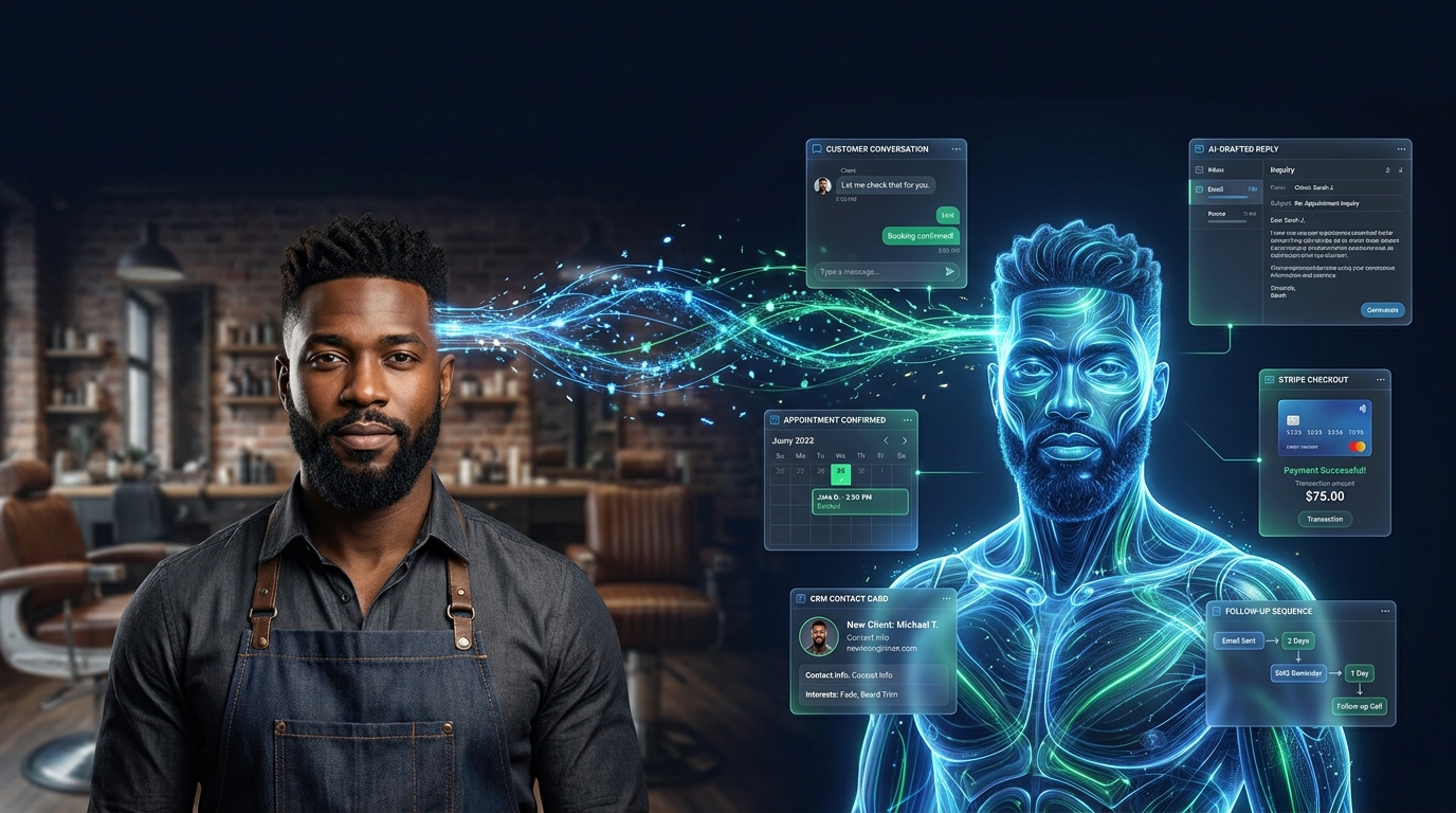 Business owner and their glowing AI twin — Barbershop owner
