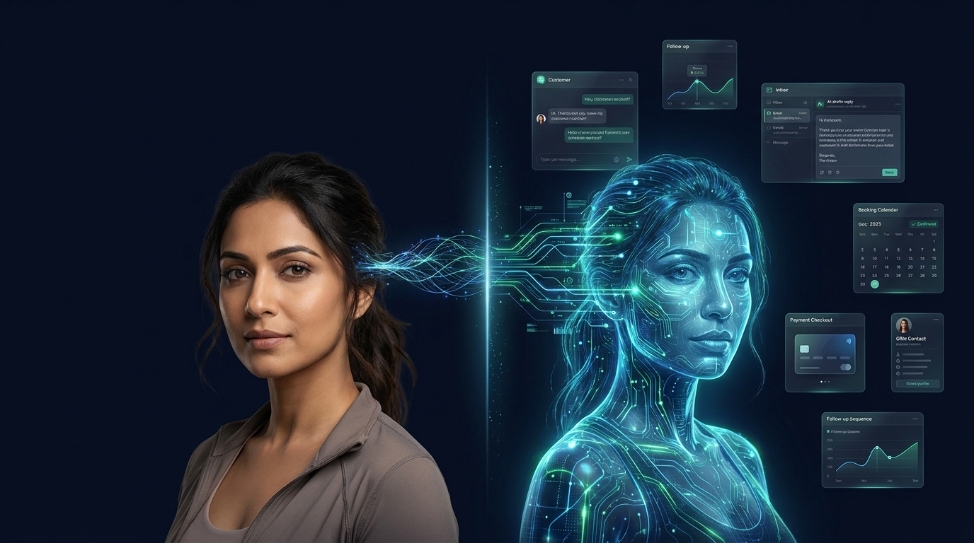 Business owner and their glowing AI twin — Yoga studio owner